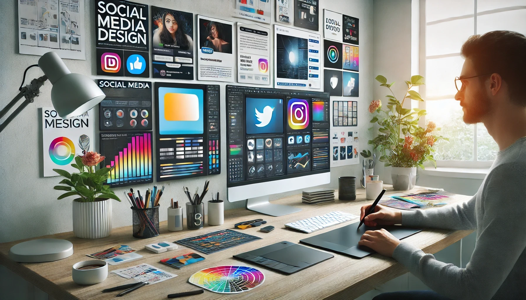 Workspace with social media design tools.